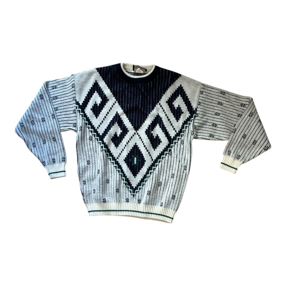 Vintage Sears Grampa Geometric Patterned Sweater - Navy, green and white Sz. M